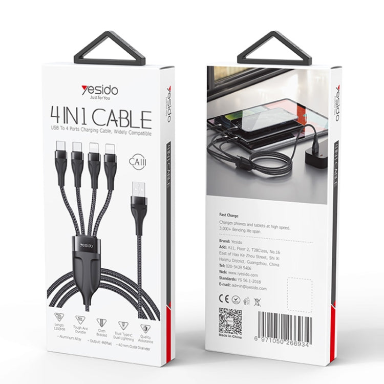 YESIDO CA111 1.2m 4A USB a doble tipo C + cable de carga dual de 8 pines, CA111