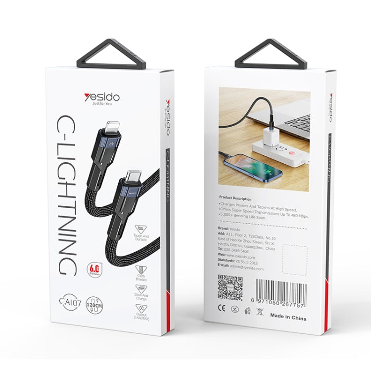 YESIDO CA107 1.2m 2.4A USB-C / Tipo-C a 8 pines OD0.6 Cable de carga de datos, CA107