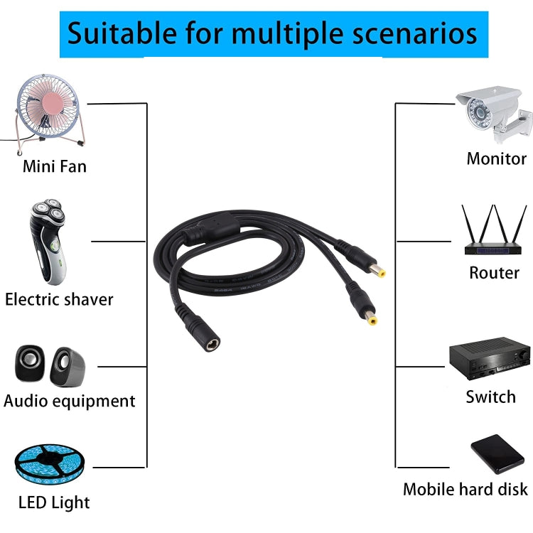 5,5 x 2,5 mm, 1 a 2 hembra a macho, adaptador divisor de alimentación de CC, cable de alimentación, longitud del cable: 70 cm