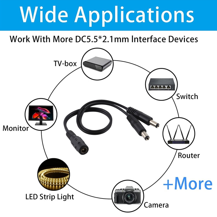 5,5 x 2,1 mm, 1 a 2 hembra a macho, adaptador divisor de alimentación de CC, cable de alimentación, longitud del cable: 30 cm