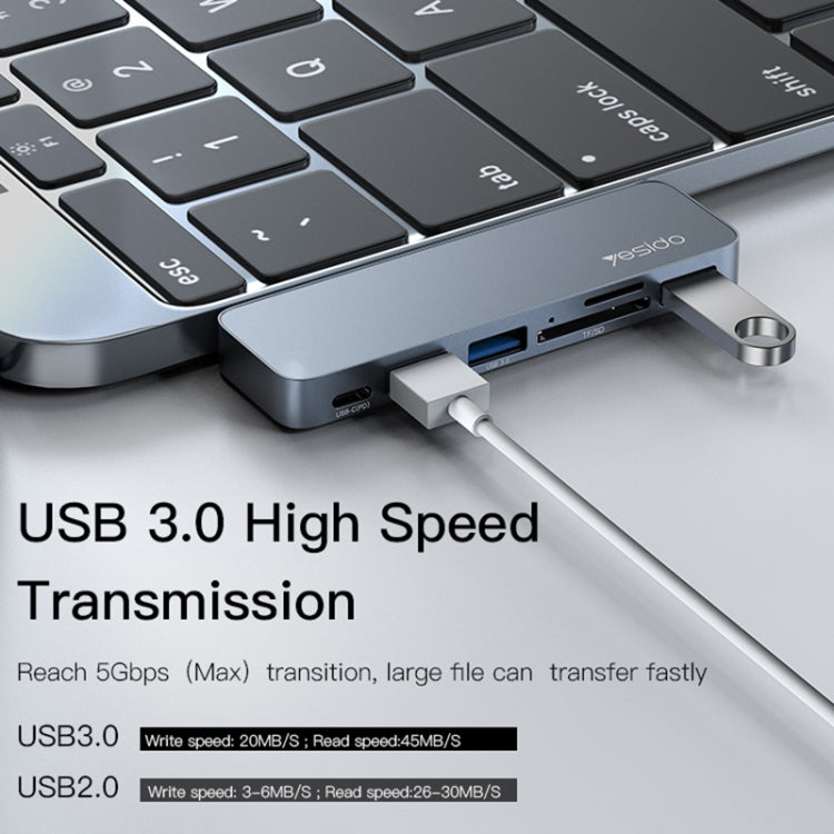 Yesido HB10 6 en 1 Puertos USB-C / Type-C Estación de acoplamiento multifuncional Adaptador HUB, HB10