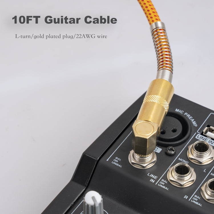 TC048GFY Cable de audio recto a codo macho de 6,35 mm chapado en oro para tambor de guitarra eléctrica, longitud: 3 m, 3m M to M Elbow