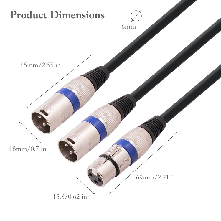 2055YMMF-05 Cable de audio XLR hembra de 3 pines a macho doble, longitud: 50 cm, XLR F to Dual M (Black+Red), XLR F to Dual M (Black+Blue), XLR F to Dual M (Black)