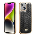 Caja del teléfono de la PU de galvanoplastia de la textura del pitón de Fierre Shann, For iPhone 14 Plus, For iPhone 14, For iPhone 14 Pro, For iPhone 14 Pro Max