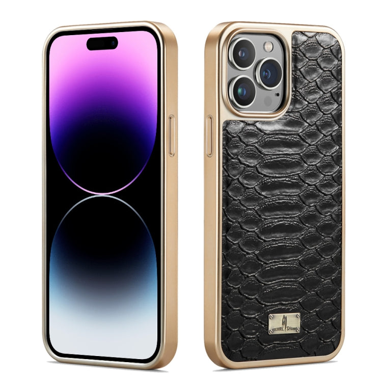 Caja del teléfono de la PU de galvanoplastia de la textura del pitón de Fierre Shann, For iPhone 14 Plus, For iPhone 14, For iPhone 14 Pro, For iPhone 14 Pro Max