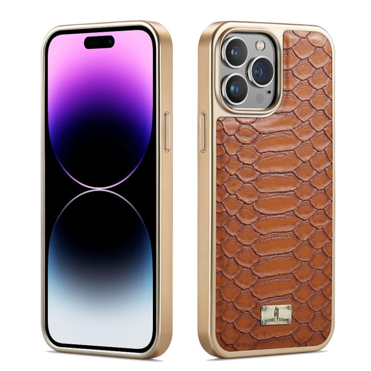 Caja del teléfono de la PU de galvanoplastia de la textura del pitón de Fierre Shann, For iPhone 14 Plus, For iPhone 14, For iPhone 14 Pro, For iPhone 14 Pro Max