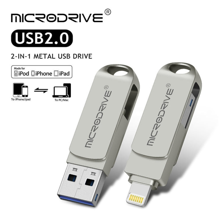 MicroDrive 2 en 1 Lightning + USB2.0 Disco flash USB de metal portátil, 8GB, 16GB, 32GB, 64GB, 128GB, 256GB, 512GB