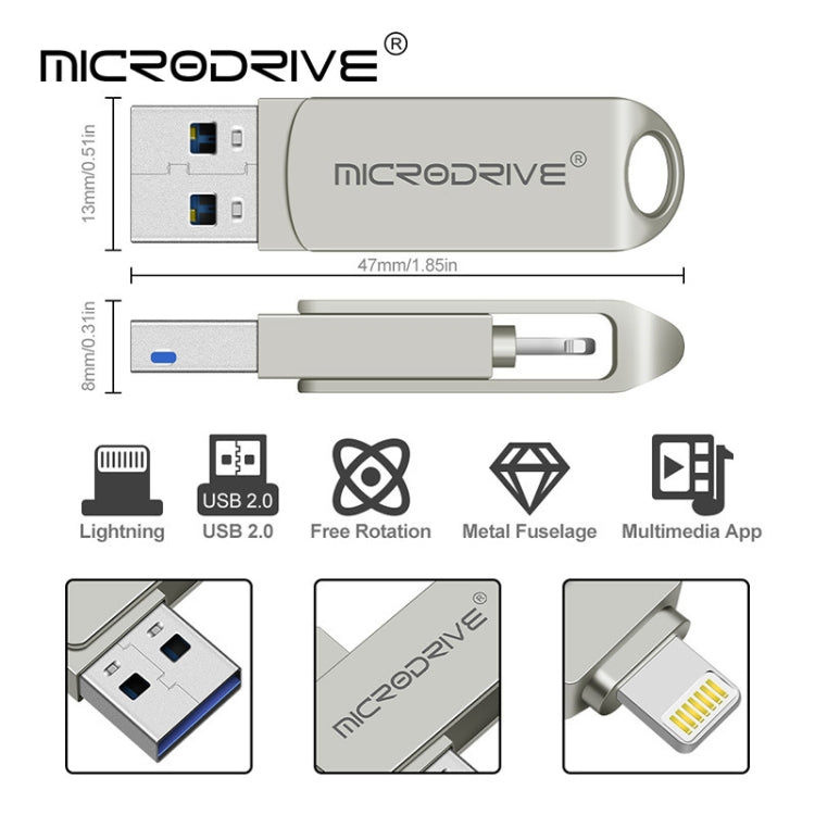 MicroDrive 2 en 1 Lightning + USB2.0 Disco flash USB de metal portátil, 8GB, 16GB, 32GB, 64GB, 128GB, 256GB, 512GB