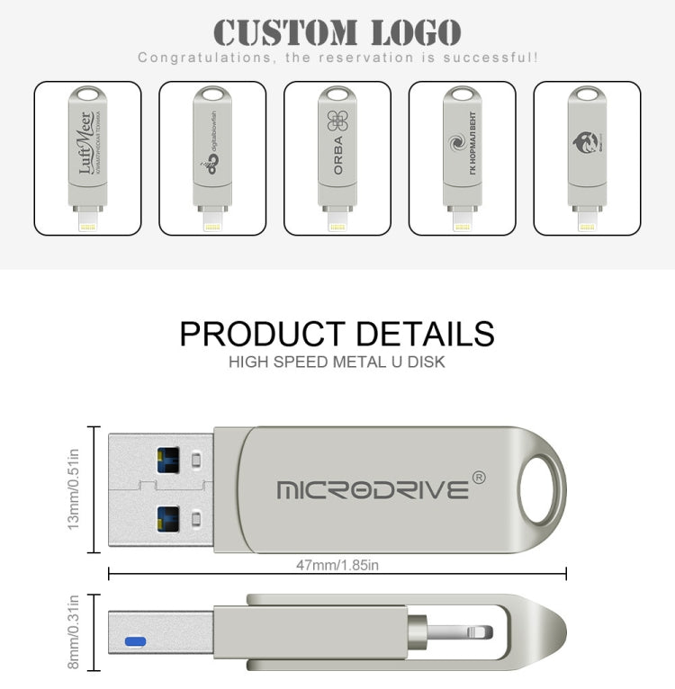 MicroDrive 2 en 1 Lightning + USB2.0 Disco flash USB de metal portátil, 8GB, 16GB, 32GB, 64GB, 128GB, 256GB, 512GB