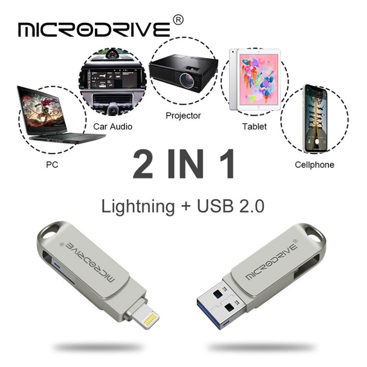 MicroDrive 2 en 1 Lightning + USB2.0 Disco flash USB de metal portátil, 8GB, 16GB, 32GB, 64GB, 128GB, 256GB, 512GB