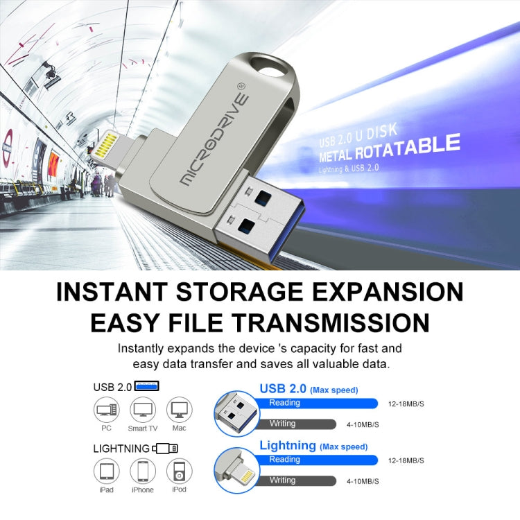 MicroDrive 2 en 1 Lightning + USB2.0 Disco flash USB de metal portátil, 8GB, 16GB, 32GB, 64GB, 128GB, 256GB, 512GB