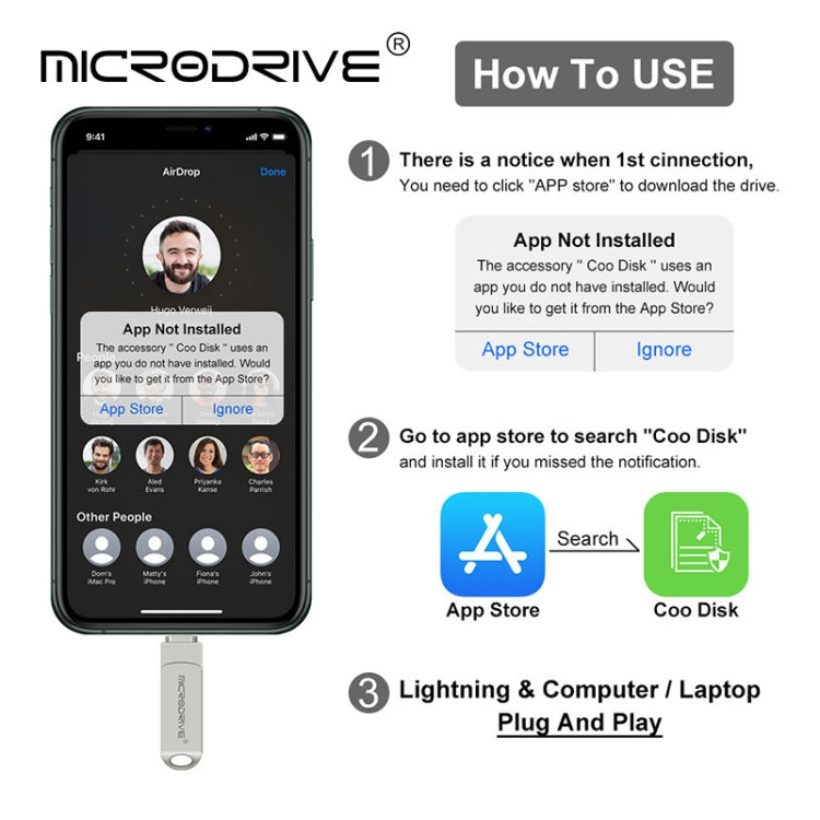 MicroDrive 2 en 1 Lightning + USB2.0 Disco flash USB de metal portátil, 8GB, 16GB, 32GB, 64GB, 128GB, 256GB, 512GB