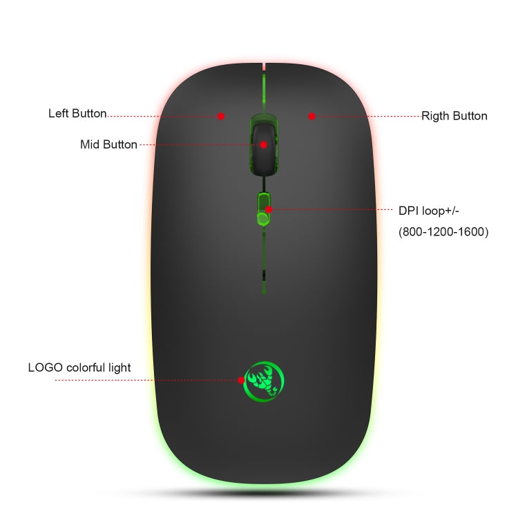 HXSJ T18 2.4GHZ 1600dpi Ratón inalámbrico emisor de luz de modo dual USB + Bluetooth 5.1 recargable
