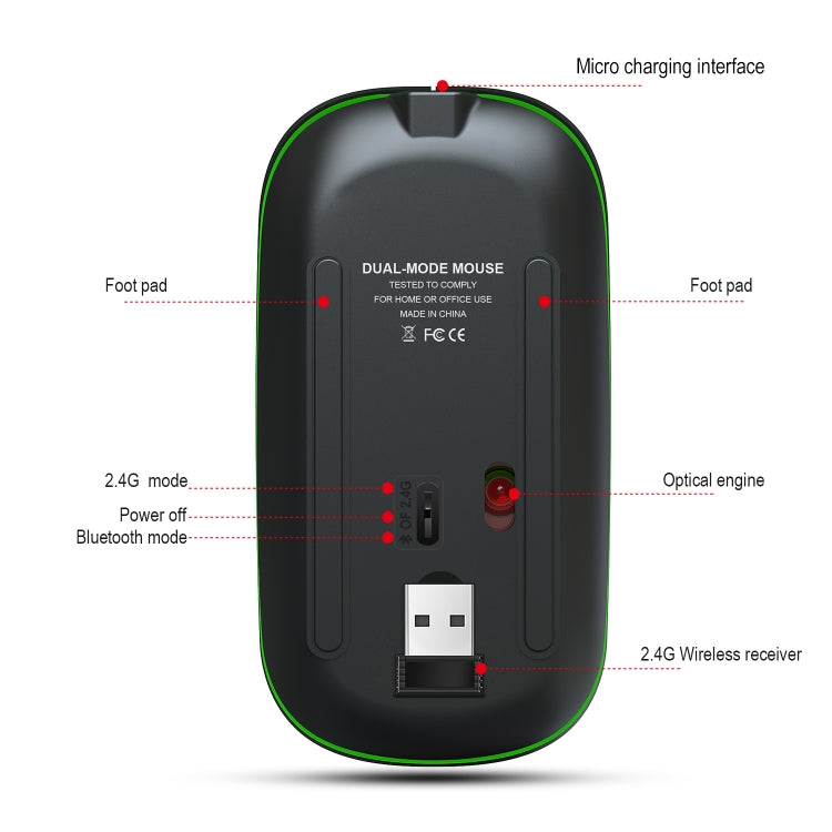HXSJ T18 2.4GHZ 1600dpi Ratón inalámbrico emisor de luz de modo dual USB + Bluetooth 5.1 recargable