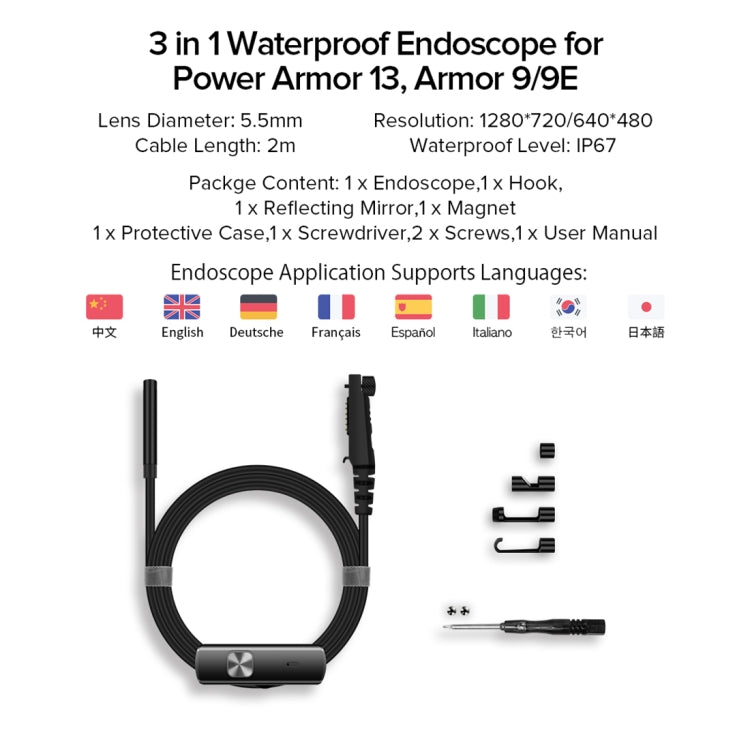 Ulefone Endoscopio E1 IP67 Endoscopio Impermeable 3 en 1 para Ulefone Power Armor 13 / Armor 9/9E, uSmart E1