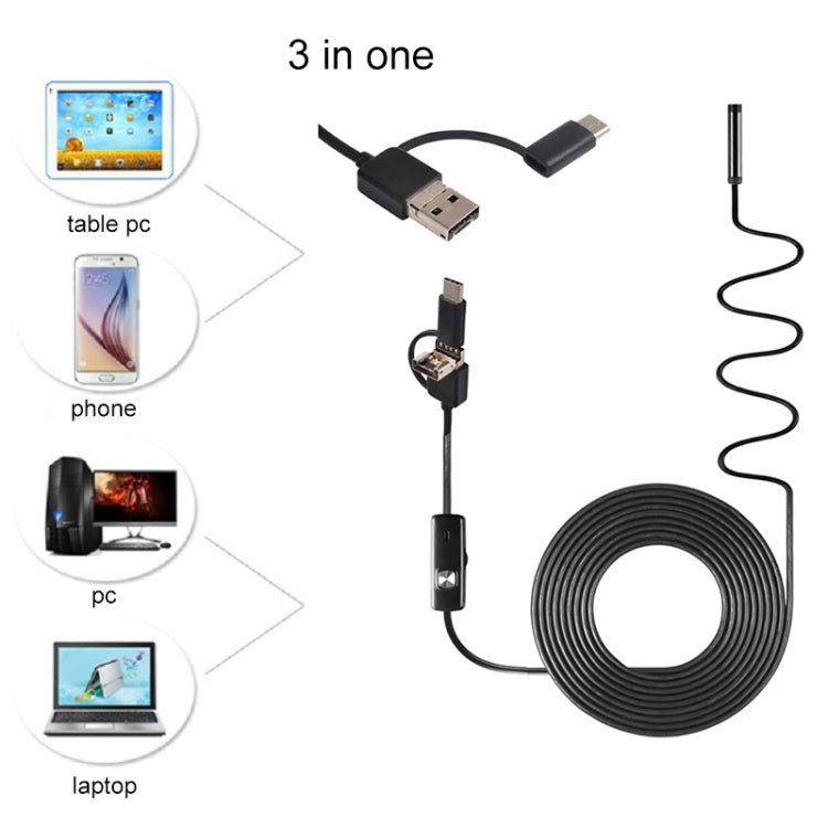 AN100 3 en 1 IP67 Impermeable USB-C / Type-C + Micro USB + USB HD Endoscopio Cámara de inspección de tubo de serpiente para partes de función OTG Teléfono móvil Android, con 6 LED, 5.5mm, 7mm, 8mm