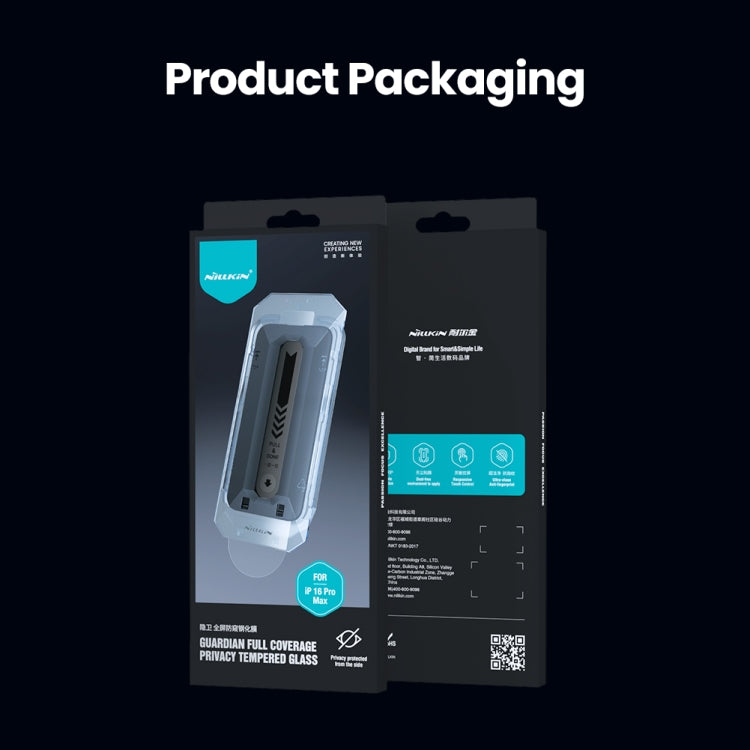 Película de vidrio templado de privacidad de cobertura total NILLKIN Guardian, For iPhone 16 Pro Max, For iPhone 16 Pro, For iPhone 16 Plus, For iPhone 16, For iPhone 15 Pro Max, For iPhone 15 Pro, For iPhone 15 Plus, For iPhone 15