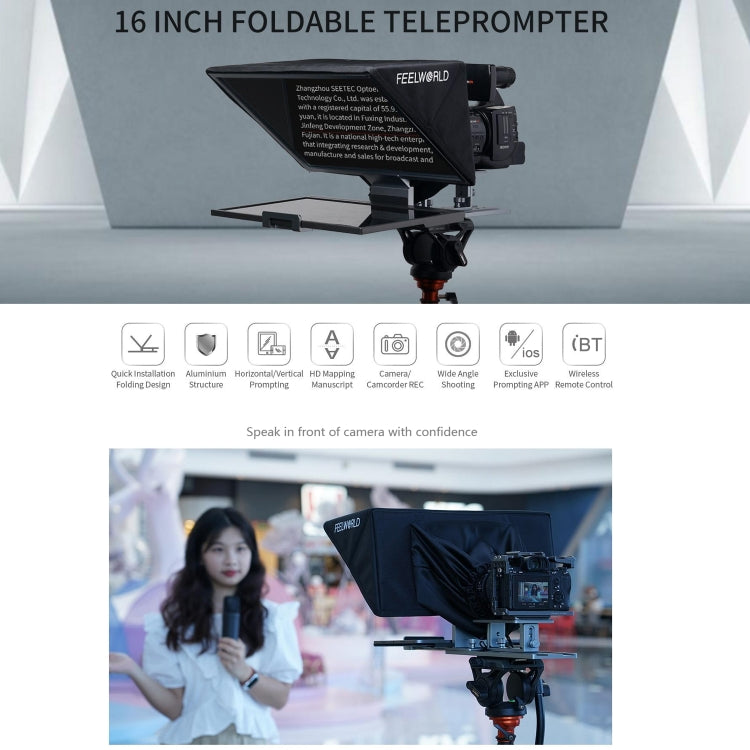 FEELWORLD TP16 Teleprompter plegable con indicación horizontal y vertical para tableta de 16 pulgadas, control remoto por Bluetooth, TP16