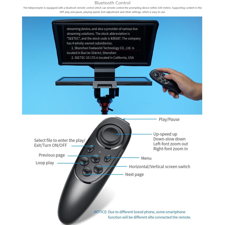 FEELWORLD TP16 Teleprompter plegable con indicación horizontal y vertical para tableta de 16 pulgadas, control remoto por Bluetooth, TP16