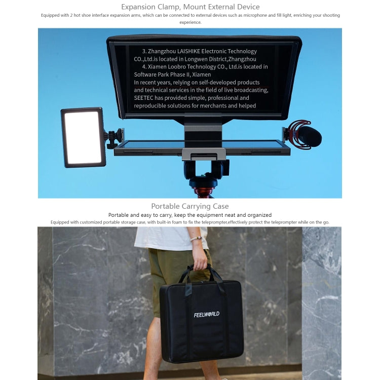 FEELWORLD TP16 Teleprompter plegable con indicación horizontal y vertical para tableta de 16 pulgadas, control remoto por Bluetooth, TP16
