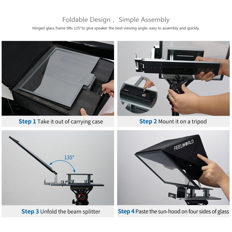 FEELWORLD TP16 Teleprompter plegable con indicación horizontal y vertical para tableta de 16 pulgadas, control remoto por Bluetooth, TP16