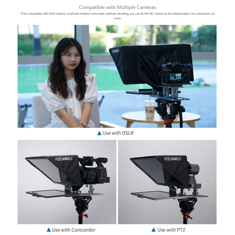 FEELWORLD TP16 Teleprompter plegable con indicación horizontal y vertical para tableta de 16 pulgadas, control remoto por Bluetooth, TP16