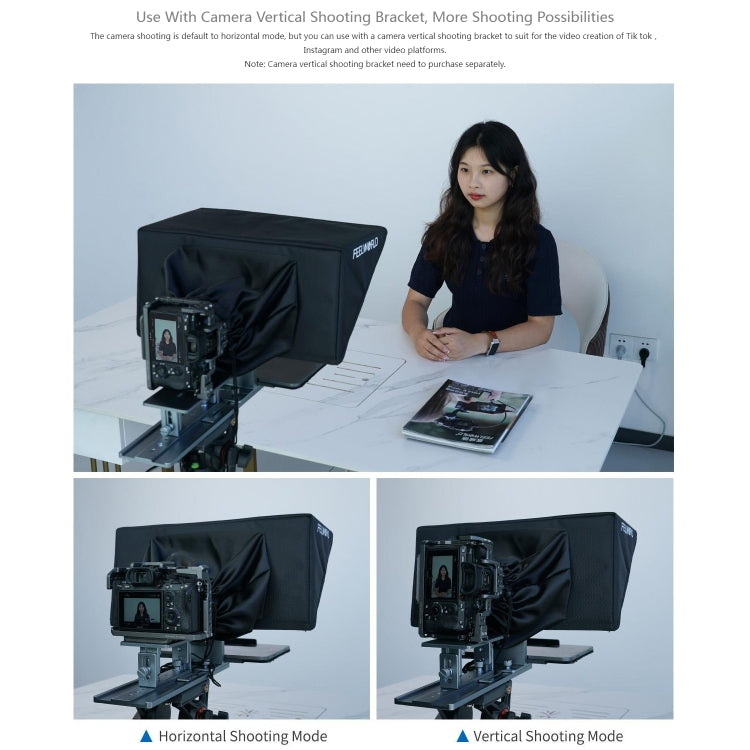 FEELWORLD TP16 Teleprompter plegable con indicación horizontal y vertical para tableta de 16 pulgadas, control remoto por Bluetooth, TP16