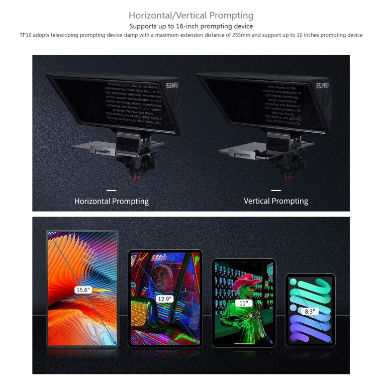 FEELWORLD TP16 Teleprompter plegable con indicación horizontal y vertical para tableta de 16 pulgadas, control remoto por Bluetooth, TP16