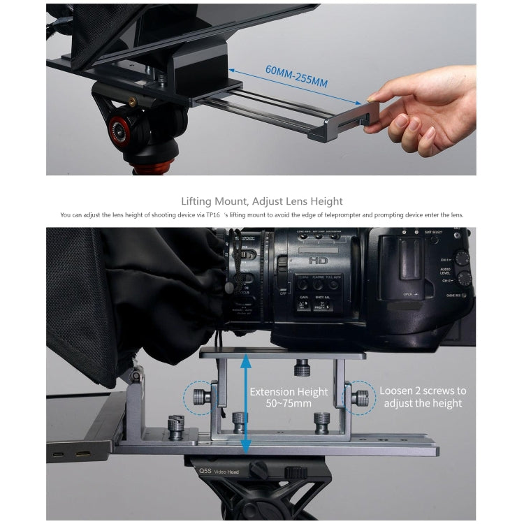 FEELWORLD TP16 Teleprompter plegable con indicación horizontal y vertical para tableta de 16 pulgadas, control remoto por Bluetooth, TP16