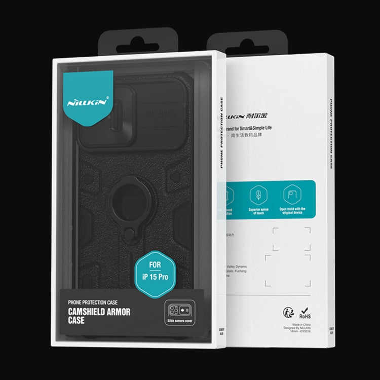 Funda protectora NILLKIN CamShield Armor a prueba de golpes con soporte de anillo invisible, For iPhone 15 Pro Max, For iPhone 15 Pro