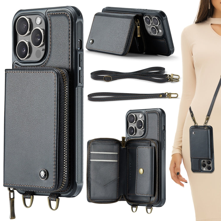Funda para teléfono de cuero con billetera con cremallera serie JEEHOOD C22 con cordón doble, For iPhone 15 Pro, For iPhone 15 Plus, For iPhone 15