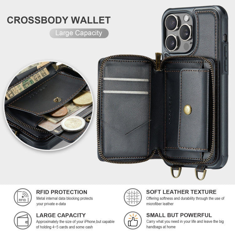 Funda para teléfono de cuero con billetera con cremallera serie JEEHOOD C22 con cordón doble, For iPhone 15 Pro, For iPhone 15 Plus, For iPhone 15