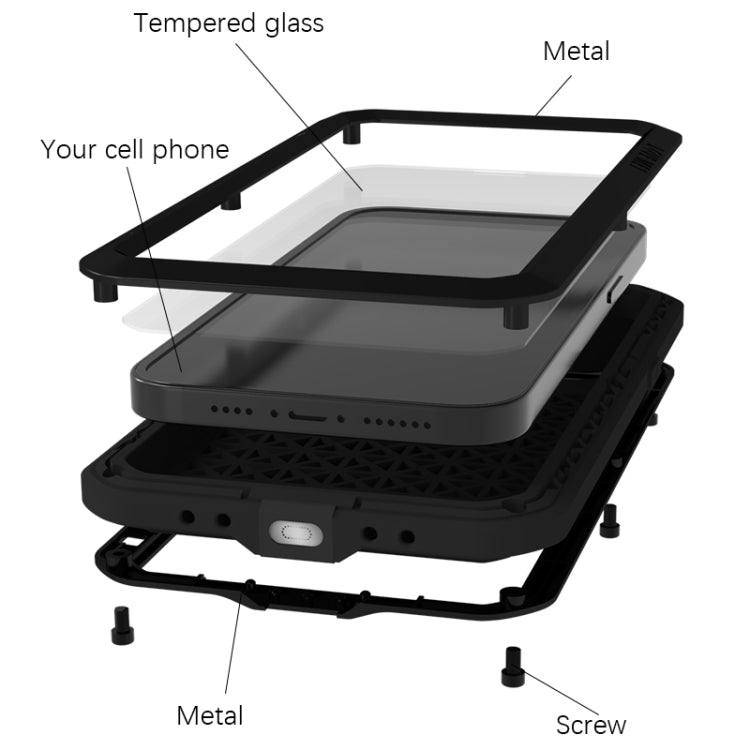 LOVE MEI Caja de teléfono a prueba de polvo impermeable a prueba de golpes de metal, For iPhone 15 Plus, For iPhone 15