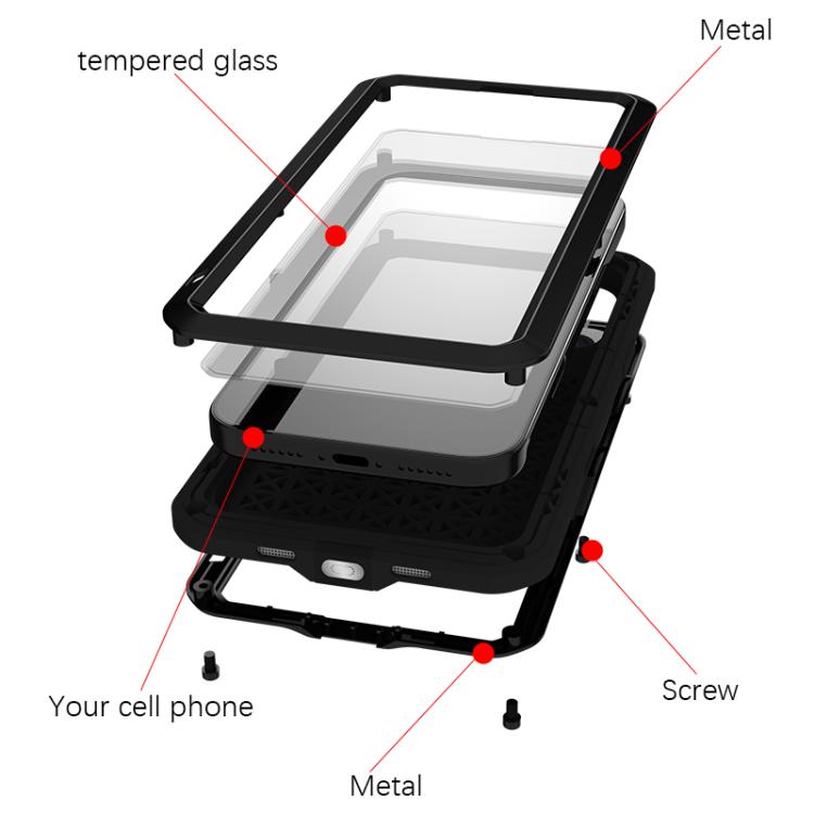 LOVE MEI Caja de teléfono a prueba de polvo impermeable a prueba de golpes de metal, For iPhone 17 Pro Max, For iPhone 17 Pro, For iPhone 17, For iPhone 16 Pro Max, For iPhone 16 Pro, For iPhone 16, For iPhone 15 Pro Max, For iPhone 15 Pro