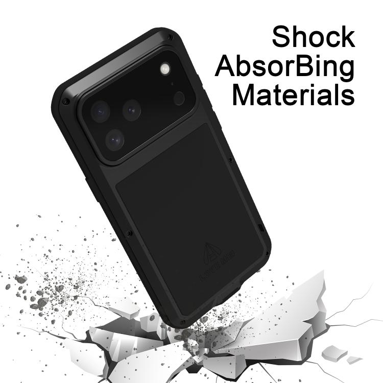 LOVE MEI Caja de teléfono a prueba de polvo impermeable a prueba de golpes de metal, For iPhone 17 Pro Max, For iPhone 17 Pro, For iPhone 17, For iPhone 16 Pro Max, For iPhone 16 Pro, For iPhone 16, For iPhone 15 Pro Max, For iPhone 15 Pro