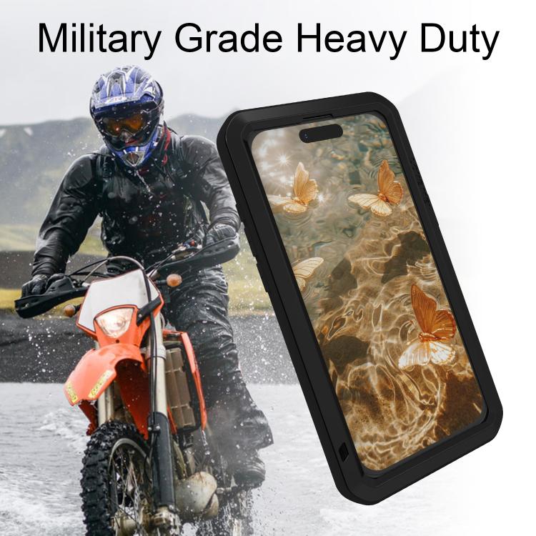 LOVE MEI Caja de teléfono a prueba de polvo impermeable a prueba de golpes de metal, For iPhone 17 Pro Max, For iPhone 17 Pro, For iPhone 17, For iPhone 16 Pro Max, For iPhone 16 Pro, For iPhone 16, For iPhone 15 Pro Max, For iPhone 15 Pro