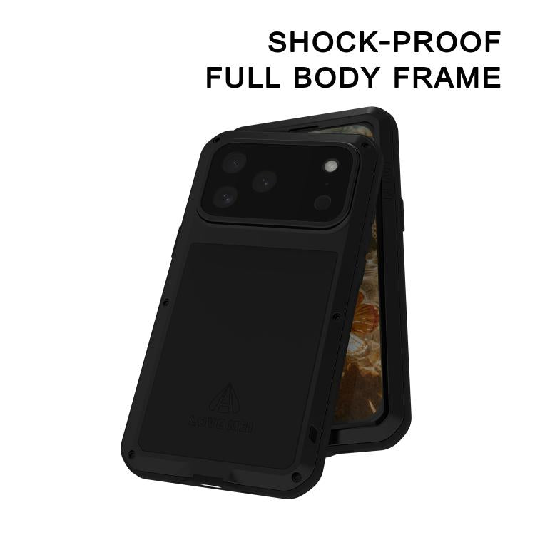 LOVE MEI Caja de teléfono a prueba de polvo impermeable a prueba de golpes de metal, For iPhone 17 Pro Max, For iPhone 17 Pro, For iPhone 17, For iPhone 16 Pro Max, For iPhone 16 Pro, For iPhone 16, For iPhone 15 Pro Max, For iPhone 15 Pro