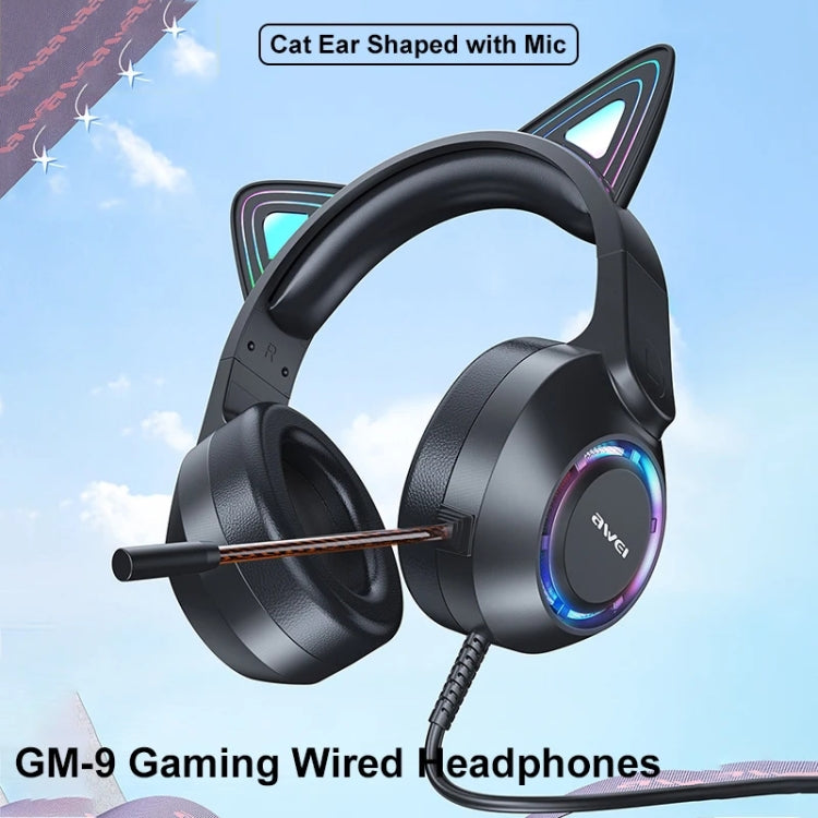 AWEI GM-9 Auriculares para juegos con cable y luz colorida con oreja de gato y micrófono, GM-9