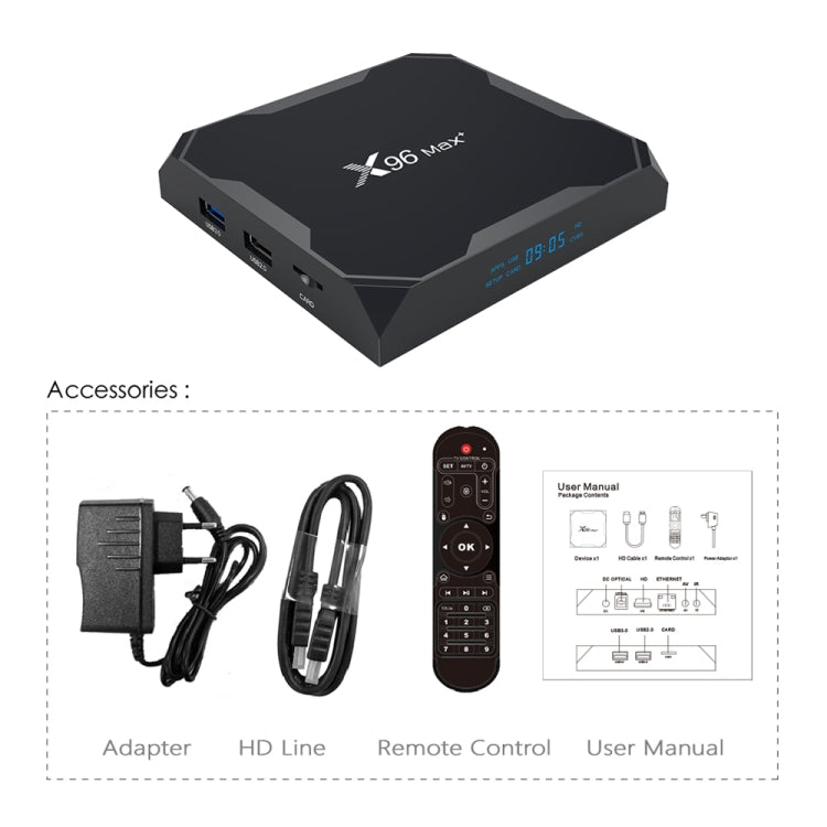 X96 max+ 4K Smart TV Box con control remoto, Android 9.0, Amlogic S905X3 Quad-Core Cortex-A55,2GB+16GB, compatible con LAN, AV, 2.4G/5G WiFi, USBx2, tarjeta TF,, EU Plug, US Plug, UK Plug, AU Plug