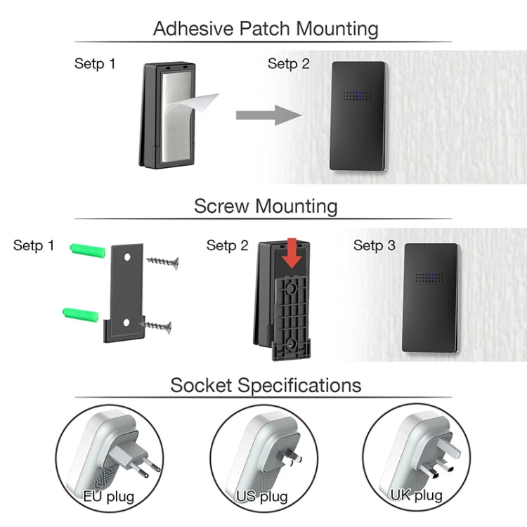 C303B Uno a Uno Timbre inalámbrico para el hogar Temperatura Pantalla digital Control remoto Buscapersonas para personas mayores, US Plug, EU Plug, UK Plug