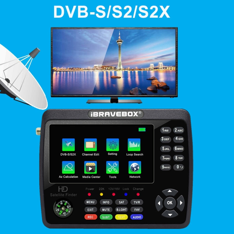 iBRAVEBOX V10 Finder Max Pantalla de 4,3 pulgadas Buscador de señal de medidor de satélite digital, compatible con DVB-S/S2/S2X, EU Plug, US Plug, UK Plug, AU Plug