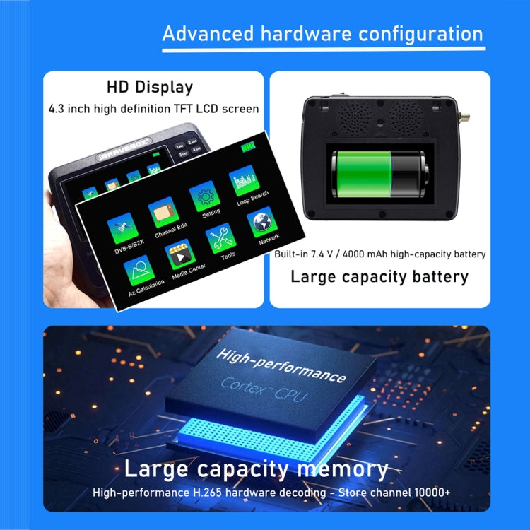 iBRAVEBOX V10 Finder Max Pantalla de 4,3 pulgadas Buscador de señal de medidor de satélite digital, compatible con DVB-S/S2/S2X, EU Plug, US Plug, UK Plug, AU Plug