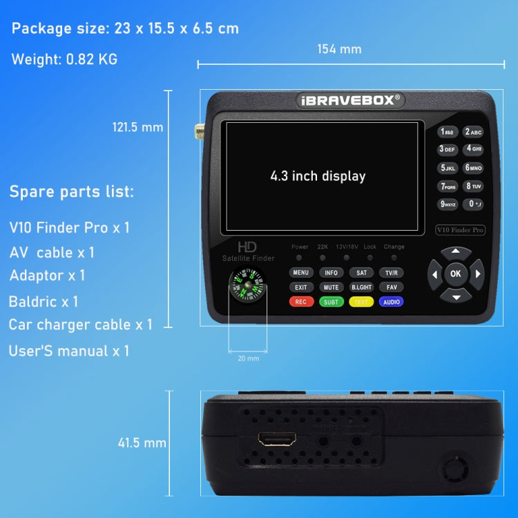 iBRAVEBOX V10 Finder Max Pantalla de 4,3 pulgadas Buscador de señal de medidor de satélite digital, compatible con DVB-S/S2/S2X, EU Plug, US Plug, UK Plug, AU Plug