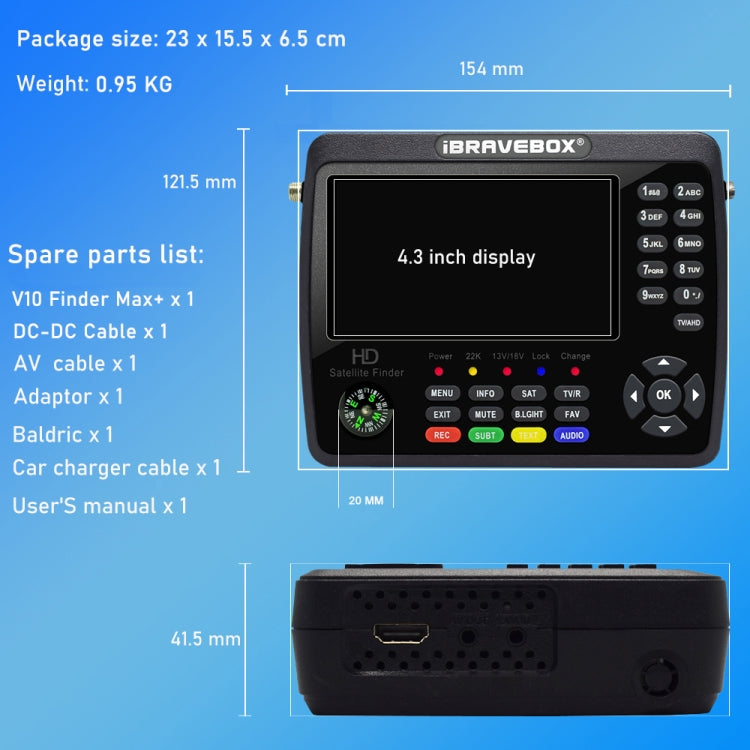iBRAVEBOX V10 Finder Max+ Pantalla de 4,3 pulgadas Medidor digital de satélite Buscador de señal, compatible con DVB-S/S2/S2X AHD, EU Plug, US Plug, UK Plug, AU Plug