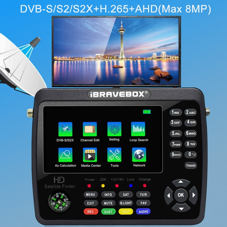iBRAVEBOX V10 Finder Max+ Pantalla de 4,3 pulgadas Medidor digital de satélite Buscador de señal, compatible con DVB-S/S2/S2X AHD, EU Plug, US Plug, UK Plug, AU Plug