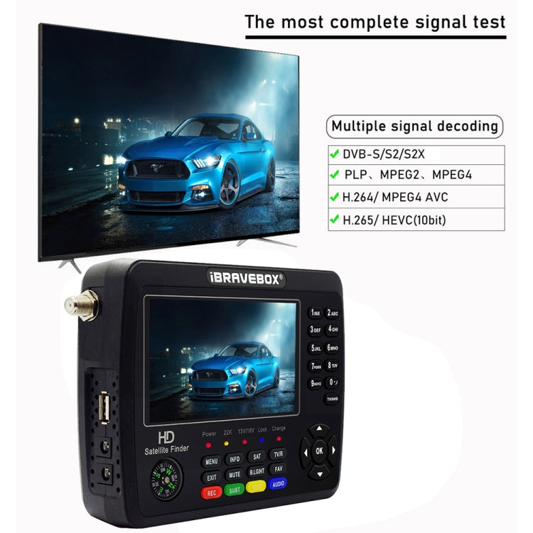 iBRAVEBOX V10 Finder Max+ Pantalla de 4,3 pulgadas Medidor digital de satélite Buscador de señal, compatible con DVB-S/S2/S2X AHD, EU Plug, US Plug, UK Plug, AU Plug