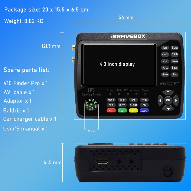 iBRAVEBOX V10 Finder Pro Buscador de señal de medidor de satélite digital con pantalla de 4,3 pulgadas, compatible con DVB-S/S2/S2X/T/T2/C, EU Plug, US Plug, UK Plug, AU Plug