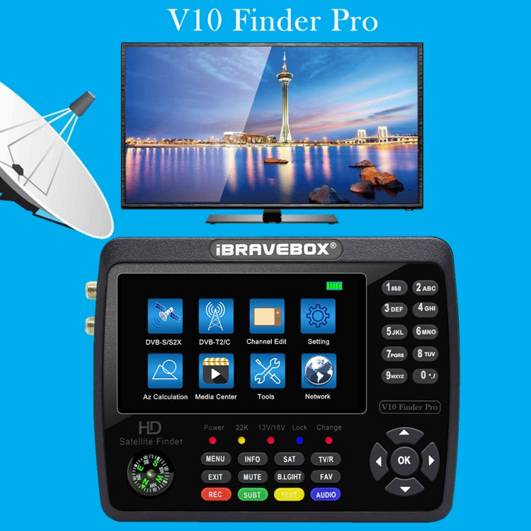 iBRAVEBOX V10 Finder Pro Buscador de señal de medidor de satélite digital con pantalla de 4,3 pulgadas, compatible con DVB-S/S2/S2X/T/T2/C, EU Plug, US Plug, UK Plug, AU Plug