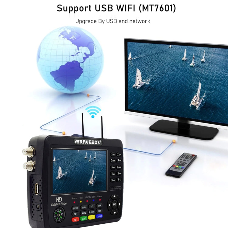iBRAVEBOX V10 Finder Pro Buscador de señal de medidor de satélite digital con pantalla de 4,3 pulgadas, compatible con DVB-S/S2/S2X/T/T2/C, EU Plug, US Plug, UK Plug, AU Plug