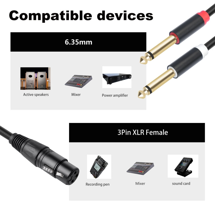 2020Y63 XLR hembra a doble 6,35 mm 1/4 TRS macho Cable de audio tipo Y, 1m, 2m, 3m